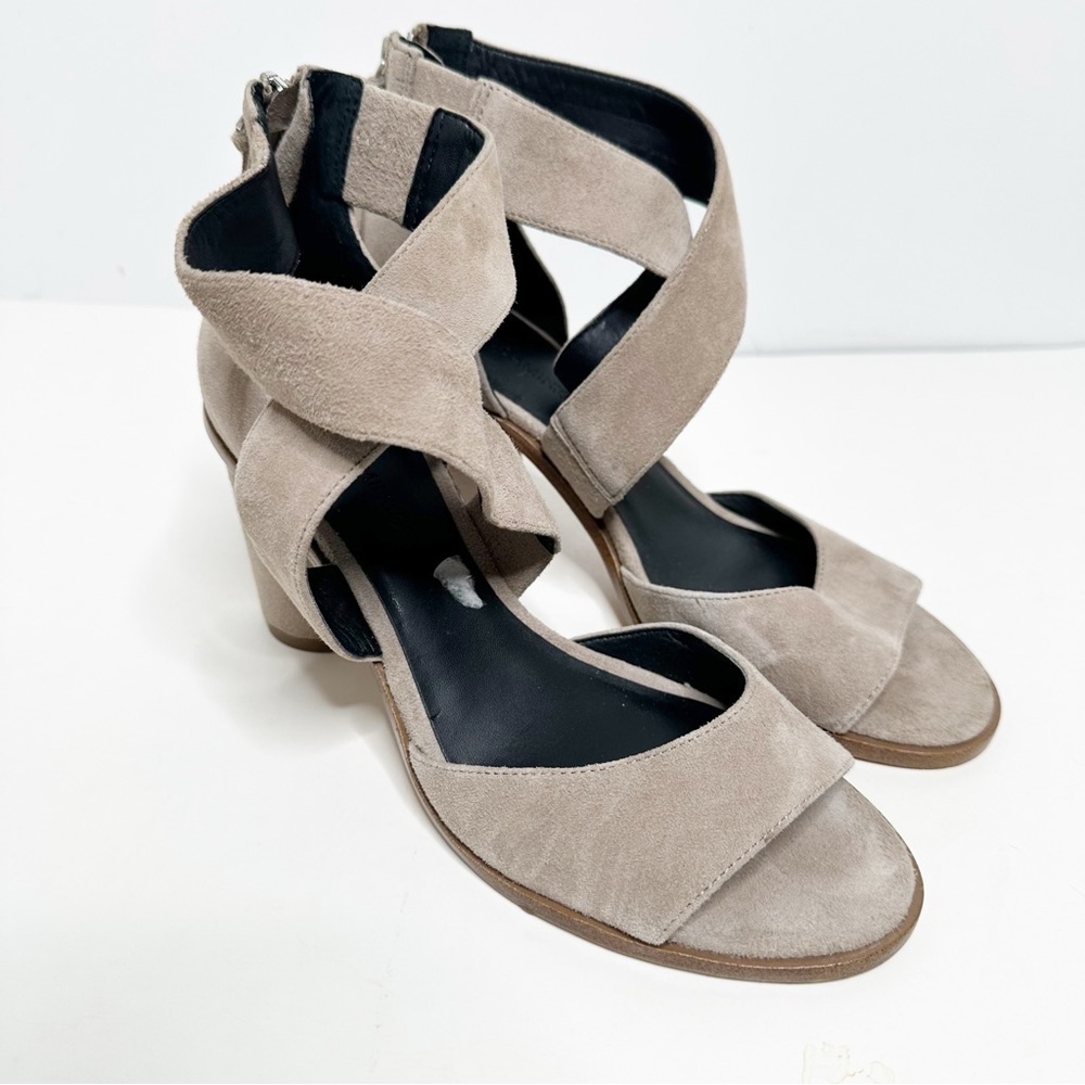 Rebecca Minkoff Taupe Suede Crisscross Block Heel Sandals Size 8